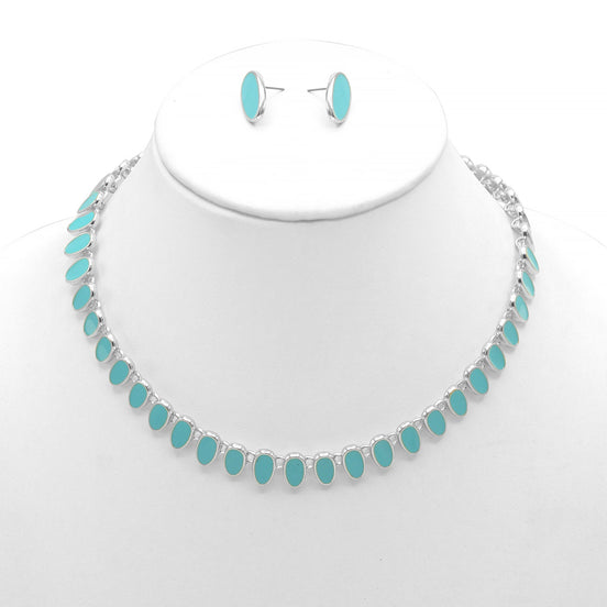SILVER TURQUOISE NECKLACE AND EARRINGS SET#HNN+E89815SLTQ(Q2)