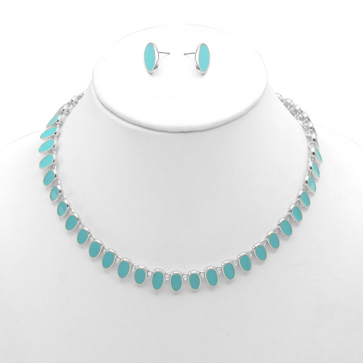 SILVER TURQUOISE NECKLACE AND EARRINGS SET#HNN+E89815SLTQ