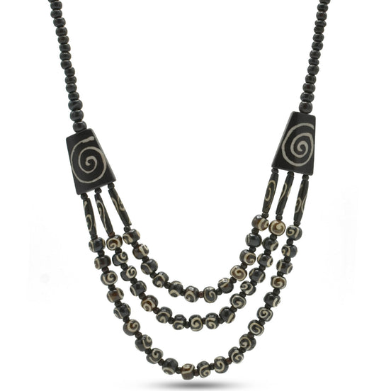 BLACK AND WOOD THREE LAYERED RESIN BEADS GOLD NECKLACE #FWNK-1910-21