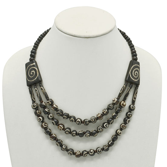 BLACK AND WOOD THREE LAYERED RESIN BEADS GOLD NECKLACE #FWNK-1910-21