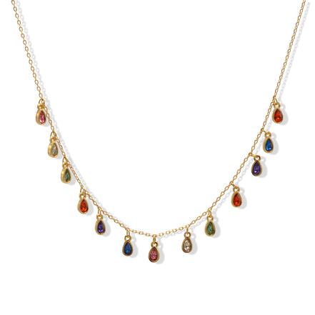 Gold Multi-Color Teardrop Charm Necklace – 16" Adjustable Chain#SQGN102212 (LD19)