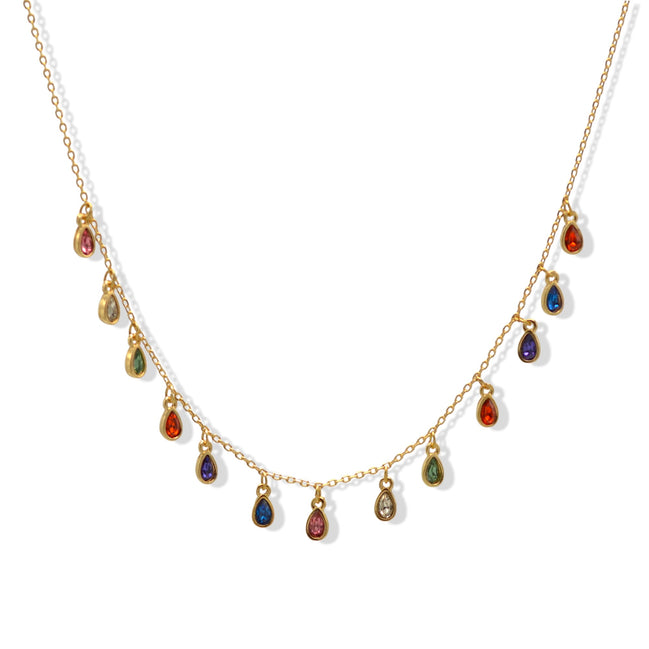 Gold Multi-Color Teardrop Charm Necklace – 16" Adjustable Chain#SQGN102212 (LD19)