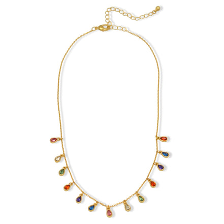 Gold Multi-Color Teardrop Charm Necklace – 16" Adjustable Chain#SQGN102212 (LD19)