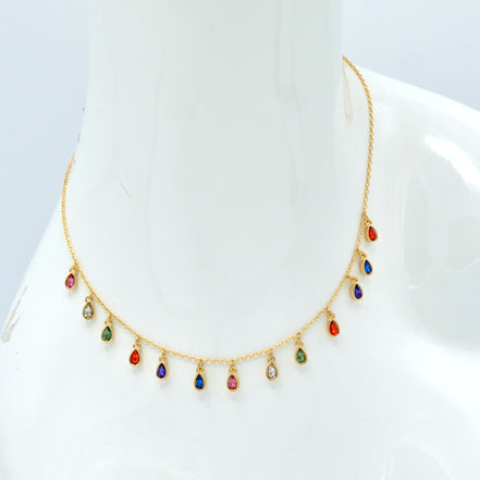 Gold Multi-Color Teardrop Charm Necklace – 16" Adjustable Chain#SQGN102212 (LD19)