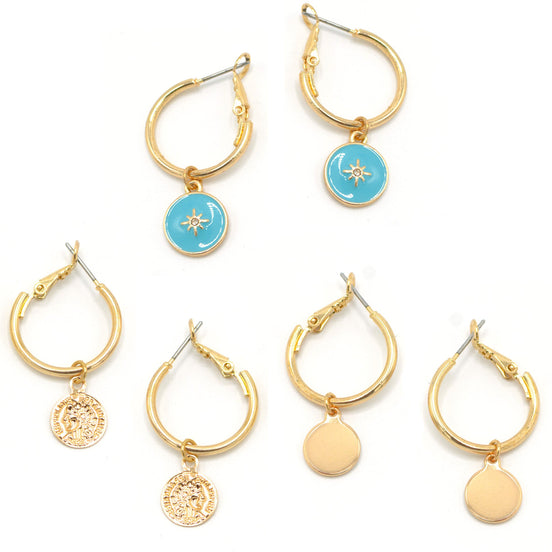 GOLD AND TURQUOISE 3 PAIR EARRINGS SET SQGN112910GT