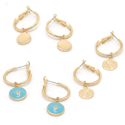 GOLD AND TURQUOISE 3 PAIR EARRINGS SET SQGN112910GT