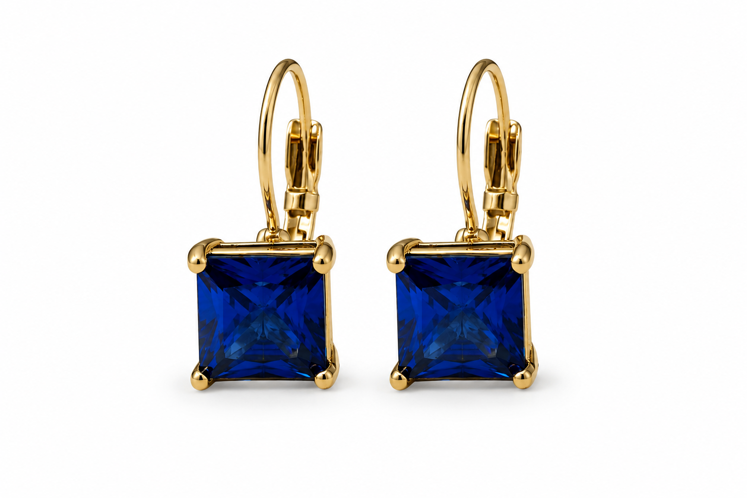 Gold Tone Blue Square  Leverback Earrings for Women – 0.8