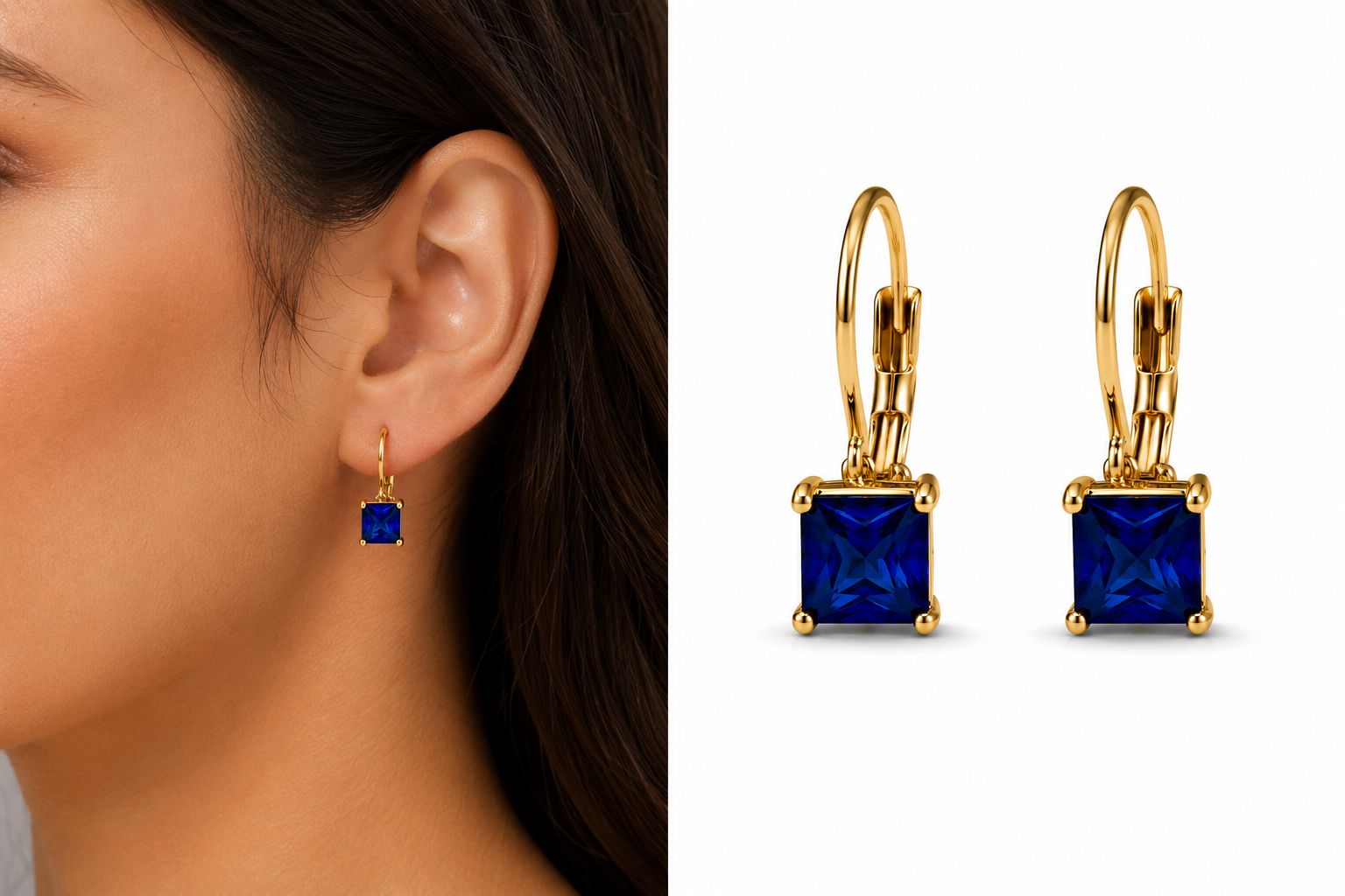 Gold Tone Blue Square  Leverback Earrings for Women – 0.8