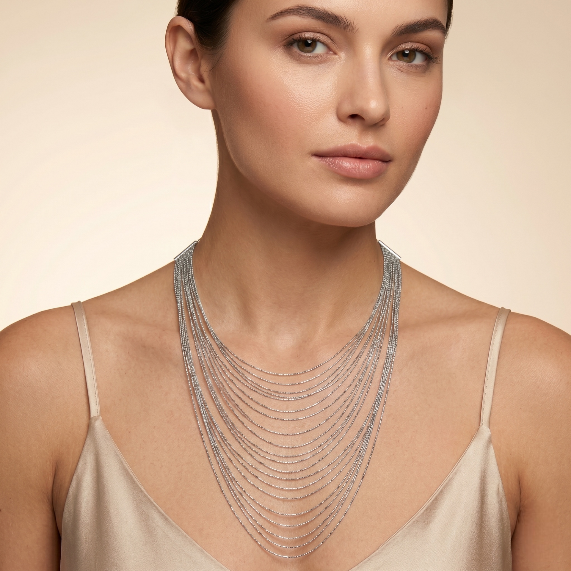 Rhodium tone metal Multi row Necklace #SQGN1106-4R (LG20-LH20)