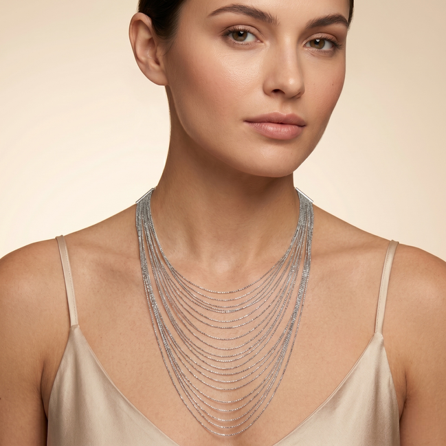 Rhodium tone metal Multi row Necklace #SQGN1106-4R (LG20-LH20)