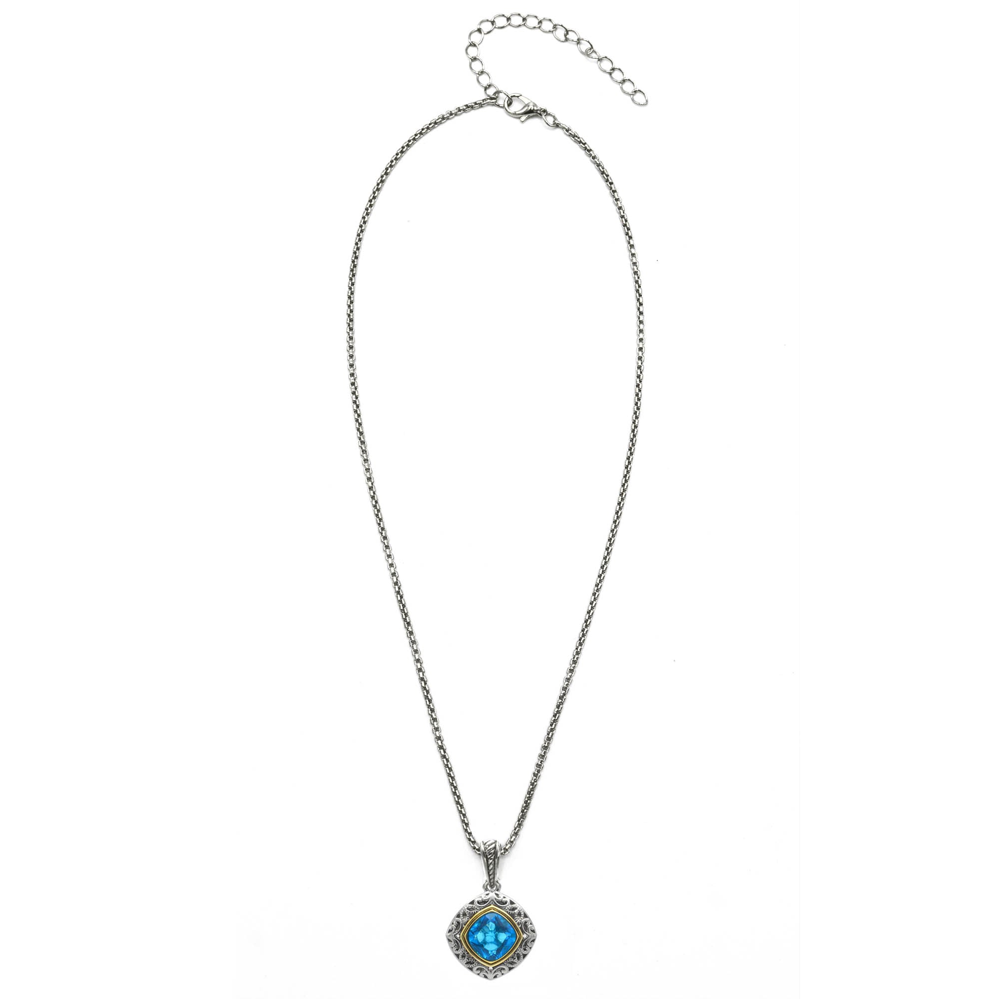 AQUA BLUE CRYSTAL SILVER FILIGREE PENDANT NECKLACE #93061EH-AQ (FD19)