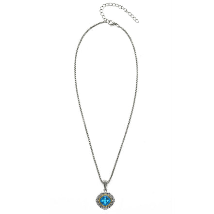 AQUA BLUE CRYSTAL SILVER FILIGREE PENDANT NECKLACE #93061EH-AQ (FD19)