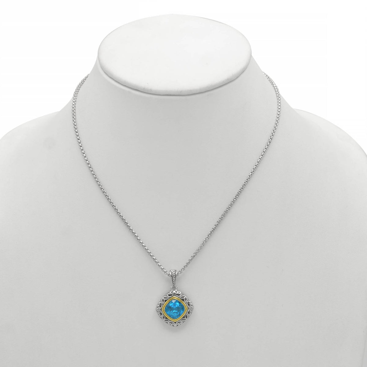 AQUA BLUE CRYSTAL SILVER FILIGREE PENDANT NECKLACE #93061EH-AQ (FD19)