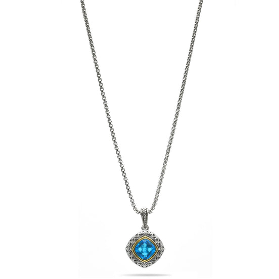 AQUA BLUE CRYSTAL SILVER FILIGREE PENDANT NECKLACE #93061EH-AQ (FD19)