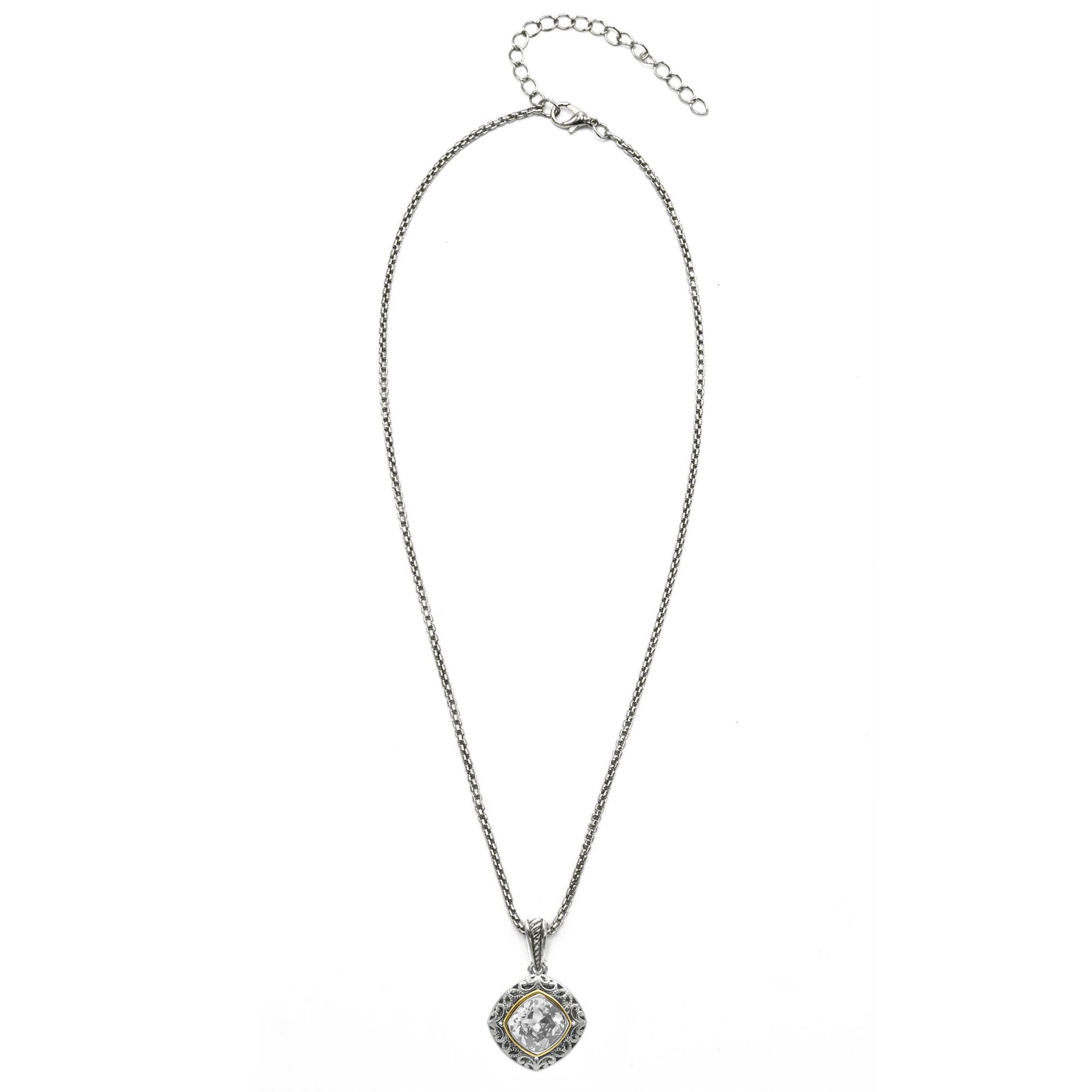 CLEAR CRYSTAL SILVER FILIGREE PENDANT NECKLACE #93061EH-CLR (FD18)