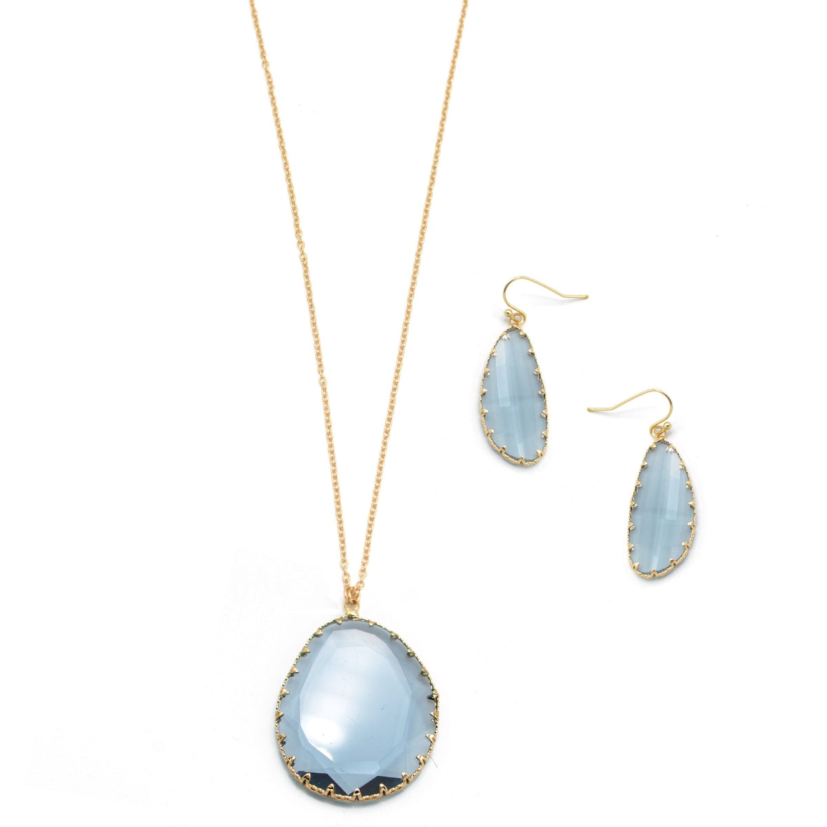 GOLD BLUE CRYSTAL PENDANT NECKLACE AND EARRINGS SET# SW-YGX18101120GBLU