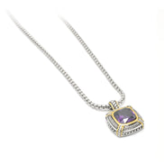 TWO TONE AMETHYST CRYSTAL SQUARE PENDANT BOX CHAIN NECKLACE #93012EH-AM(FE16/(FA17)