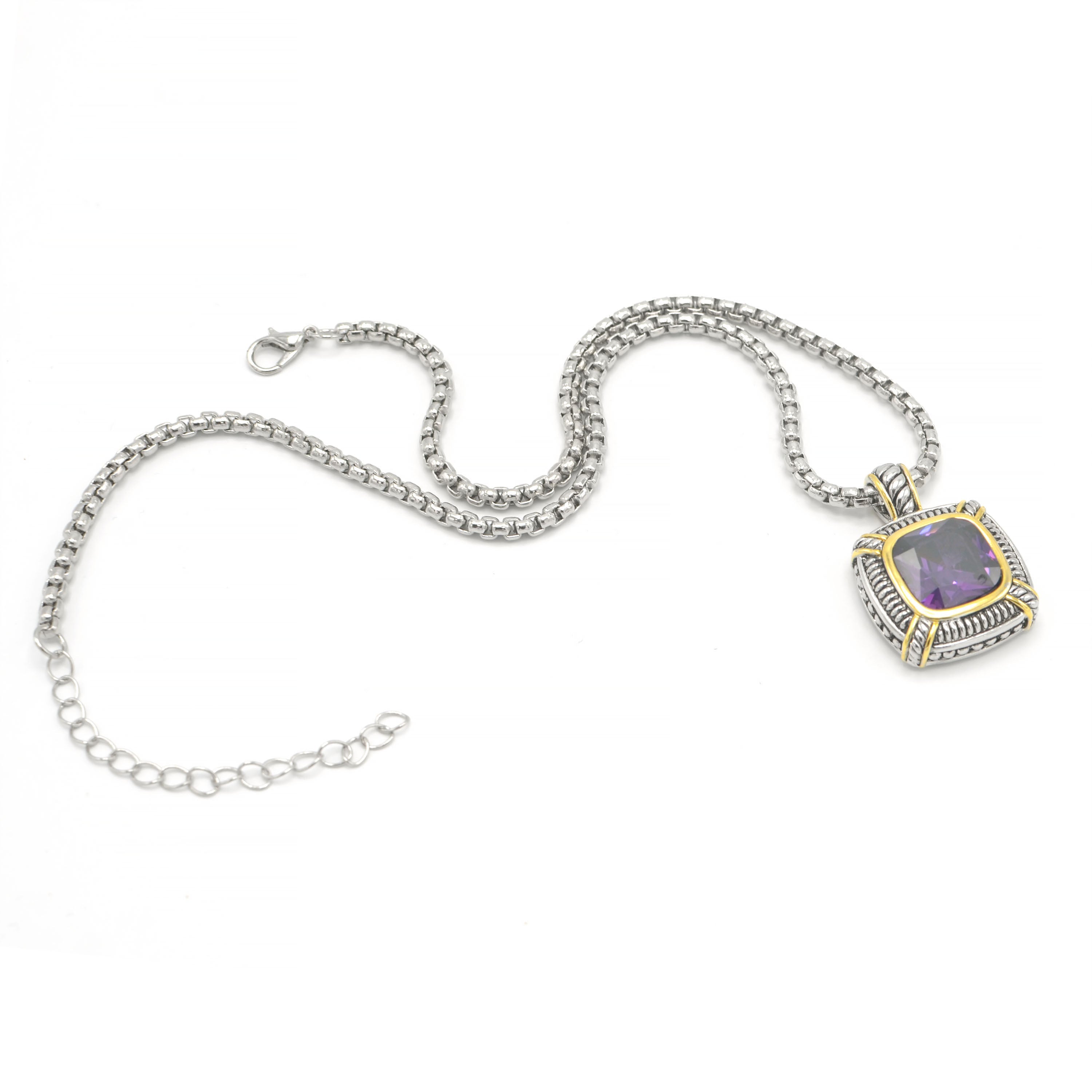 TWO TONE AMETHYST CRYSTAL SQUARE PENDANT BOX CHAIN NECKLACE #93012EH-AM(FE16/(FA17)