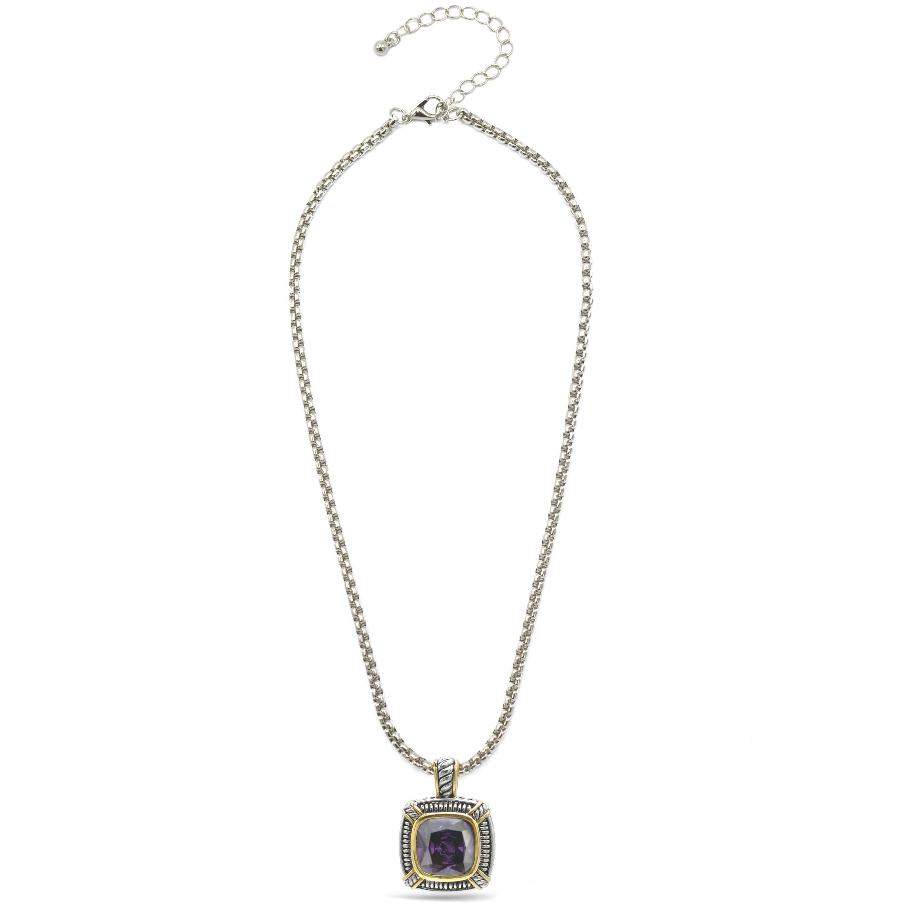 TWO TONE AMETHYST CRYSTAL SQUARE PENDANT BOX CHAIN NECKLACE #93012EH-AM(FE16/(FA17)