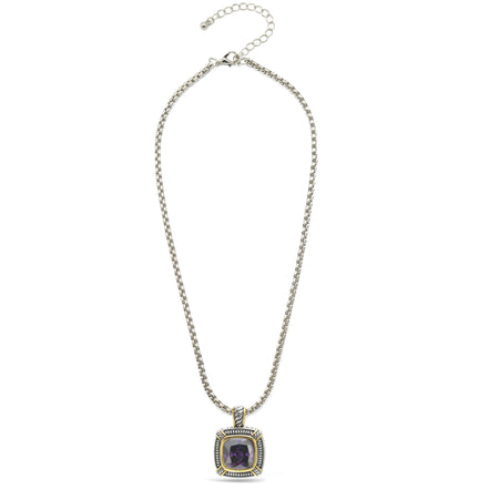 TWO TONE AMETHYST CRYSTAL SQUARE PENDANT BOX CHAIN NECKLACE #93012EH-AM(FE16/(FA17)