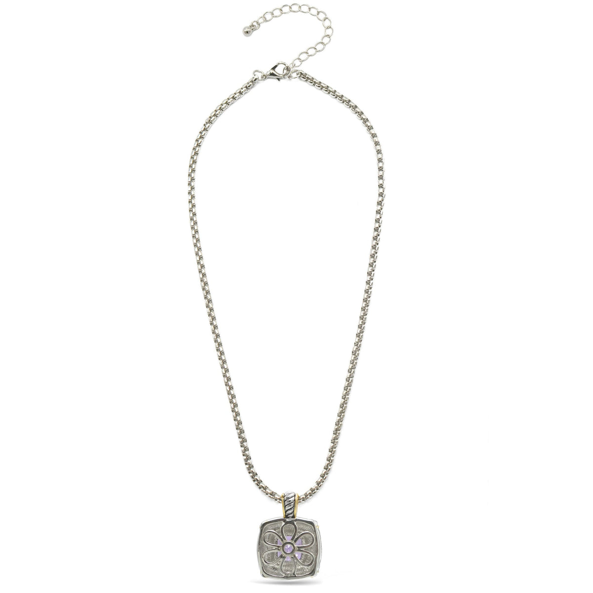 TWO TONE AMETHYST CRYSTAL SQUARE PENDANT BOX CHAIN NECKLACE #93012EH-AM(FE16/(FA17)