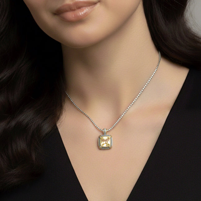 TWO TONE CHAMPAGNE CRYSTAL SQUARE PENDANT BOX CHAIN NECKLACE# 93012EH-CHAM(FE16/(FA17)