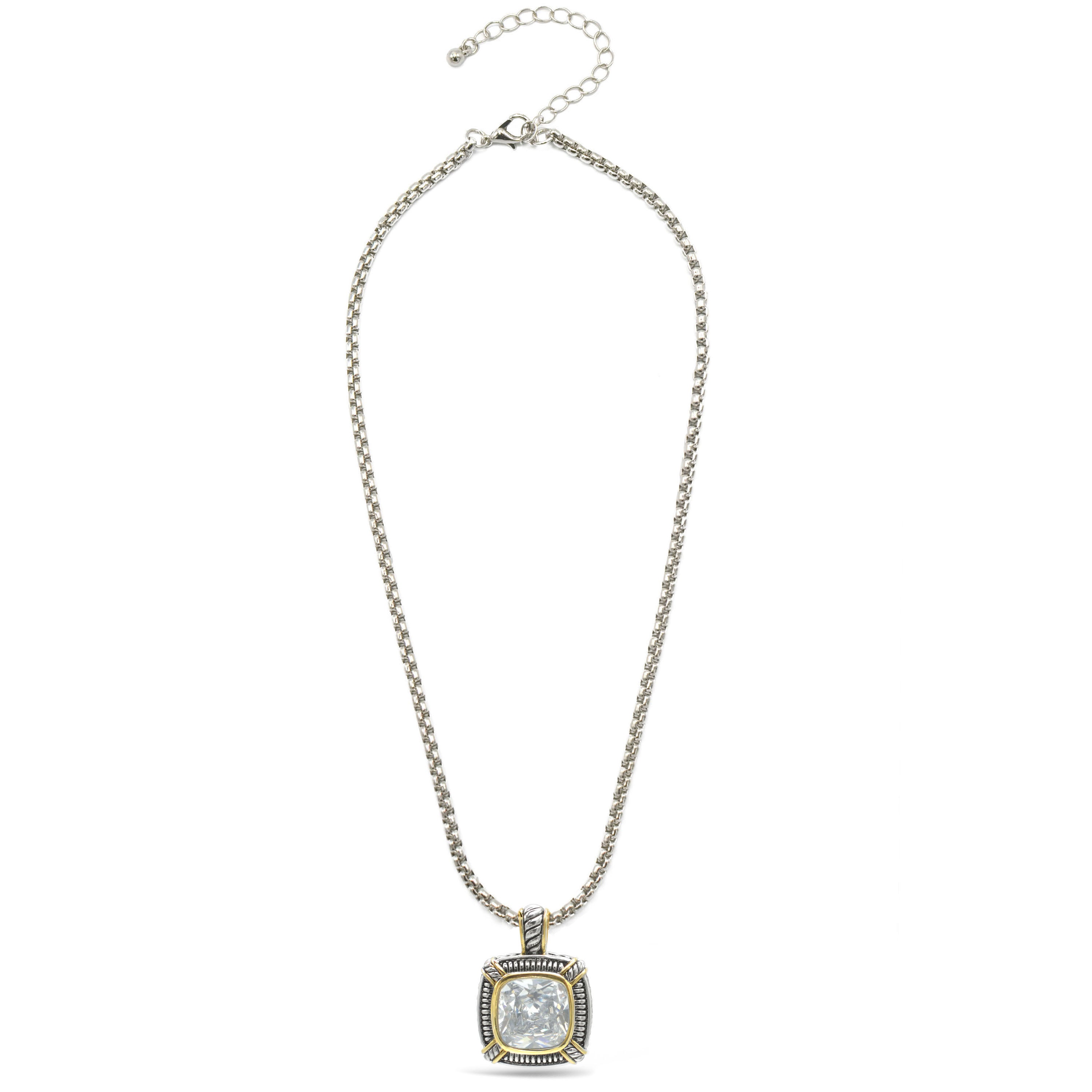 TWO TONE CLEAR CRYSTAL SQUARE PENDANT BOX CHAIN NECKLACE #93012EH-CLEAR(FA7)