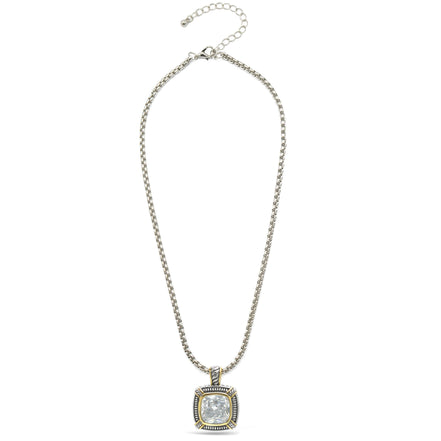 TWO TONE CLEAR CRYSTAL SQUARE PENDANT BOX CHAIN NECKLACE #93012EH-CLEAR(FA7)