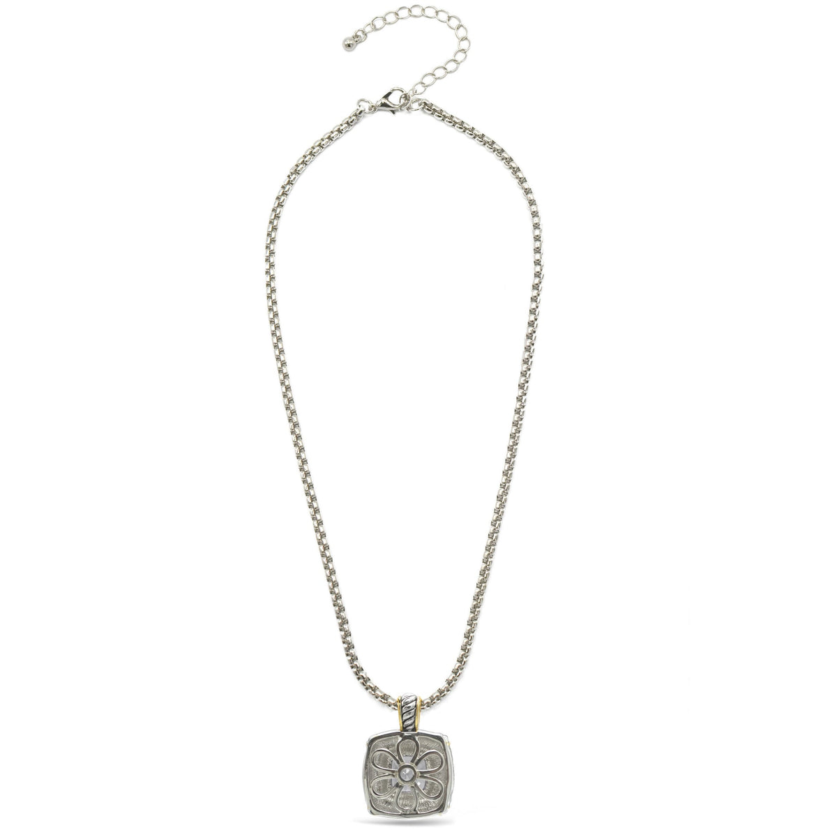 TWO TONE CLEAR CRYSTAL SQUARE PENDANT BOX CHAIN NECKLACE #93012EH-CLEAR(FA7)