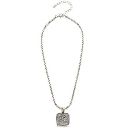 TWO TONE CLEAR CRYSTAL SQUARE PENDANT BOX CHAIN NECKLACE #93012EH-CLEAR(FA7)