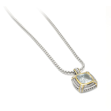 TWO TONE CLEAR CRYSTAL SQUARE PENDANT BOX CHAIN NECKLACE #93012EH-CLEAR(FA7)
