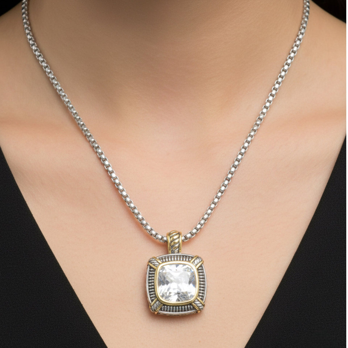 TWO TONE CLEAR CRYSTAL SQUARE PENDANT BOX CHAIN NECKLACE #93012EH-CLEAR(FA7)