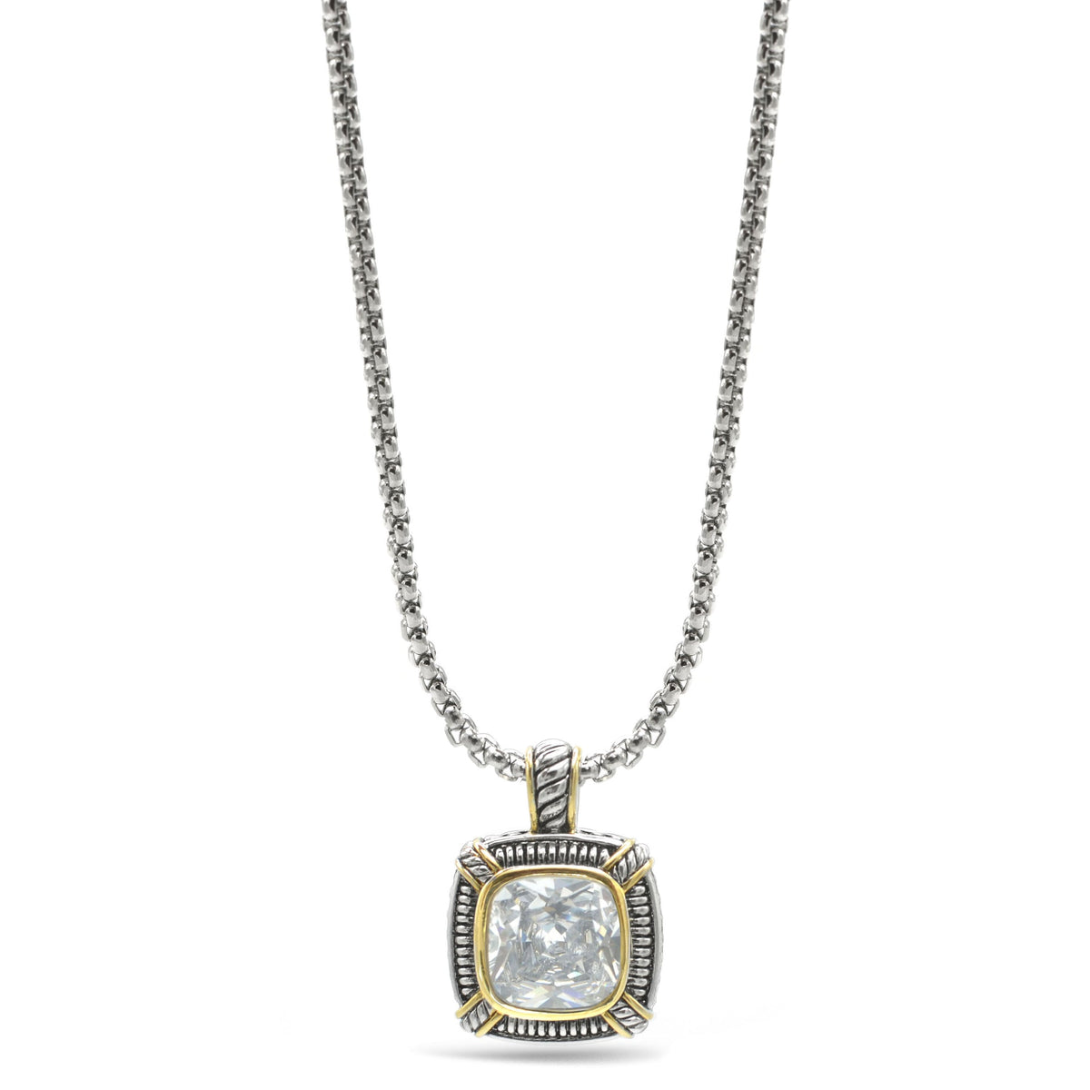 TWO TONE CLEAR CRYSTAL SQUARE PENDANT BOX CHAIN NECKLACE #93012EH-CLEAR(FA7)