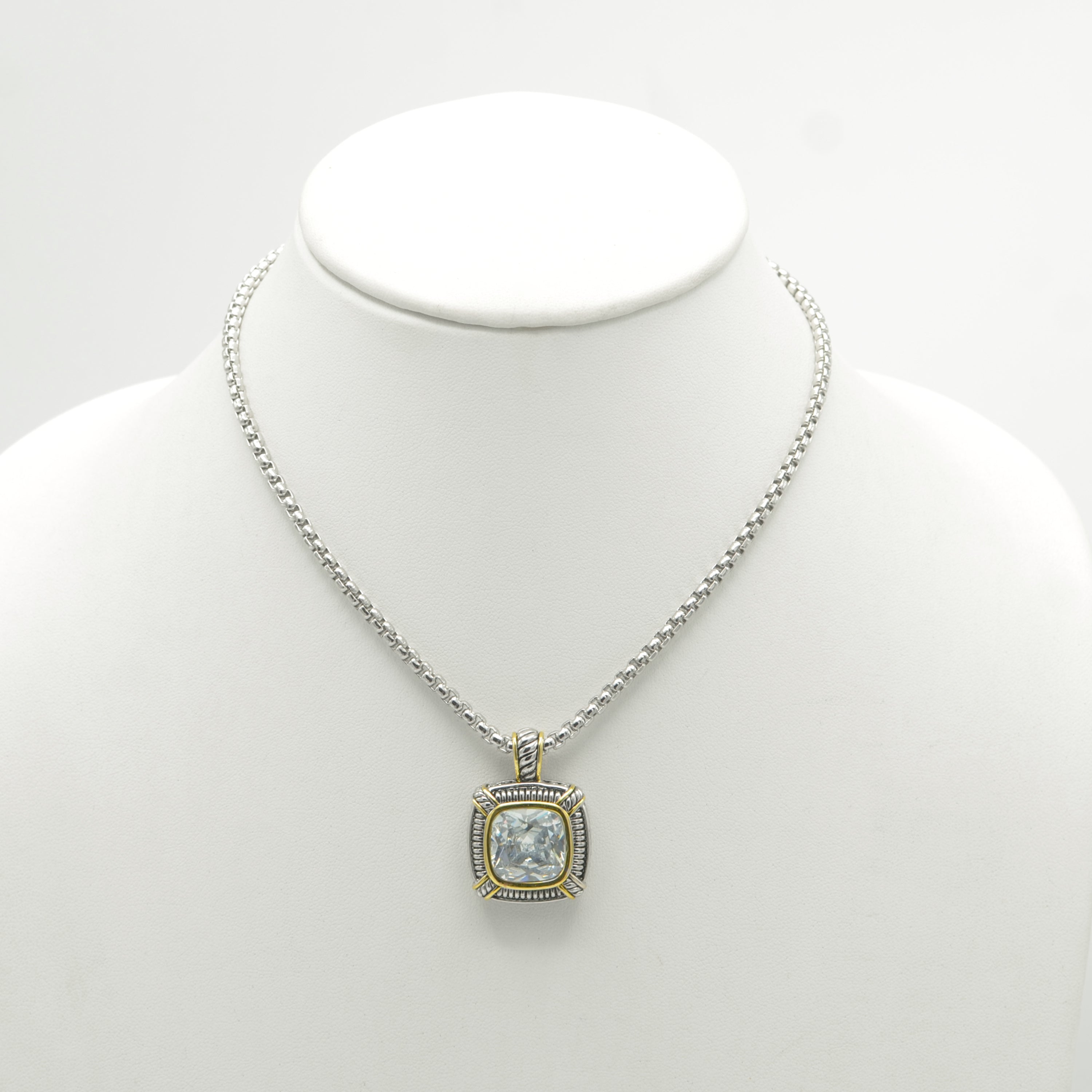 TWO TONE CLEAR CRYSTAL SQUARE PENDANT BOX CHAIN NECKLACE #93012EH-CLEAR(FA7)
