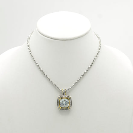 TWO TONE CLEAR CRYSTAL SQUARE PENDANT BOX CHAIN NECKLACE #93012EH-CLEAR(FA7)