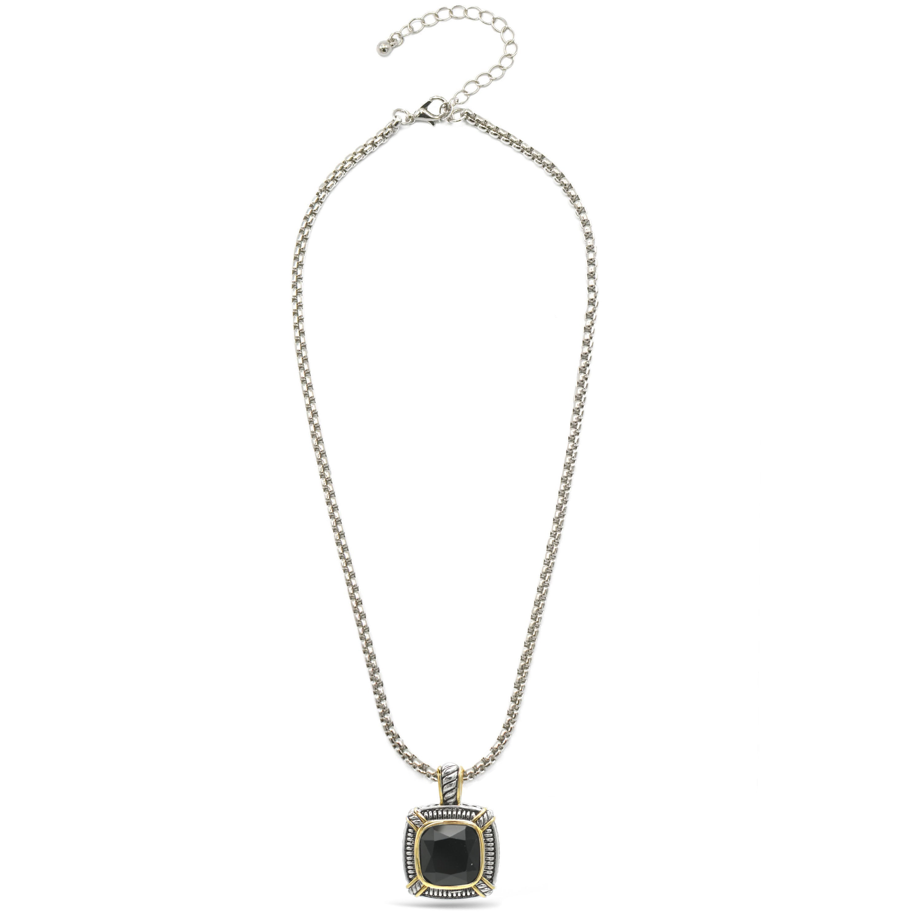 TWO TONE BLACK CRYSTAL SQUARE PENDANT BOX CHAIN NECKLACE #93012EH-JET(FB6)