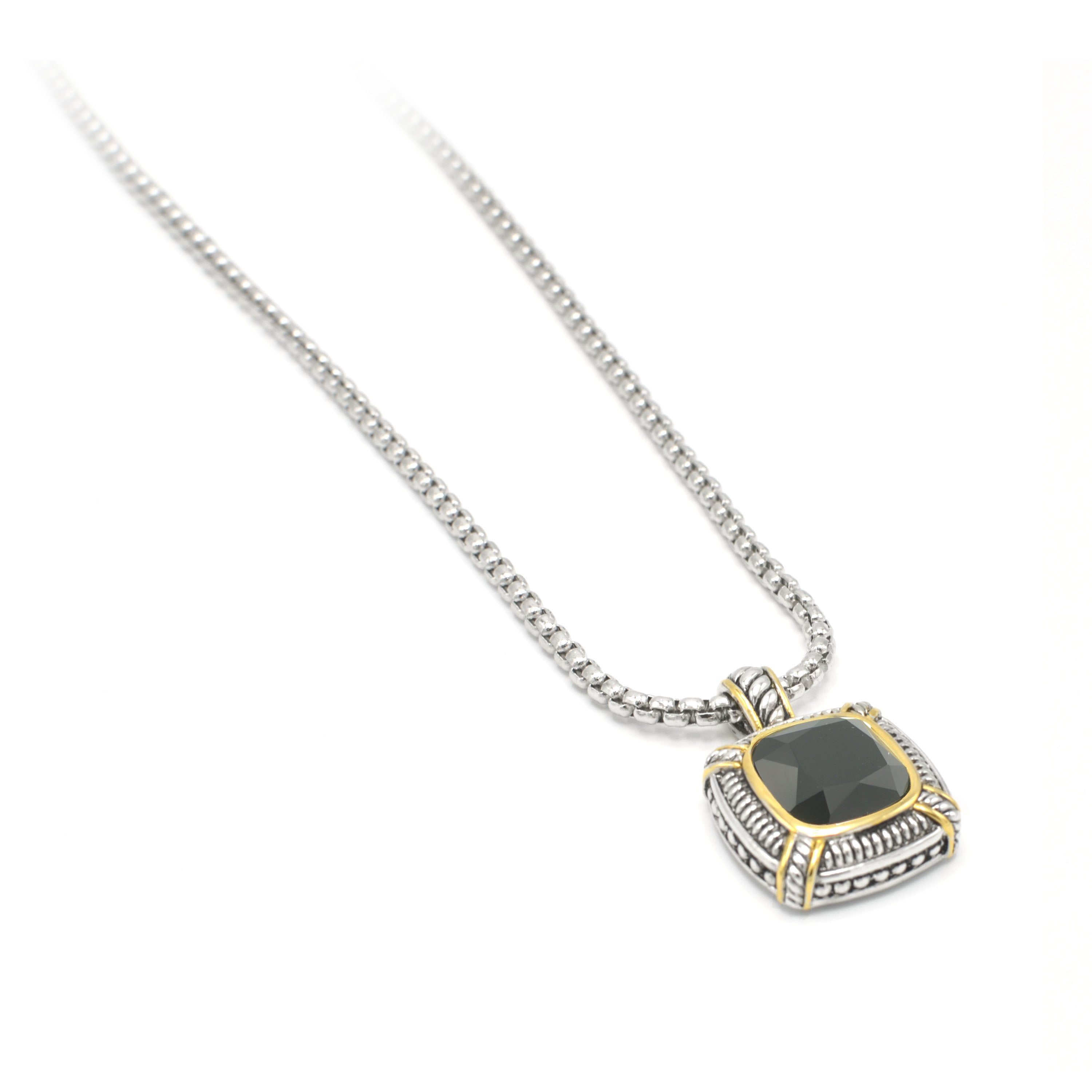TWO TONE BLACK CRYSTAL SQUARE PENDANT BOX CHAIN NECKLACE #93012EH-JET(FB6)