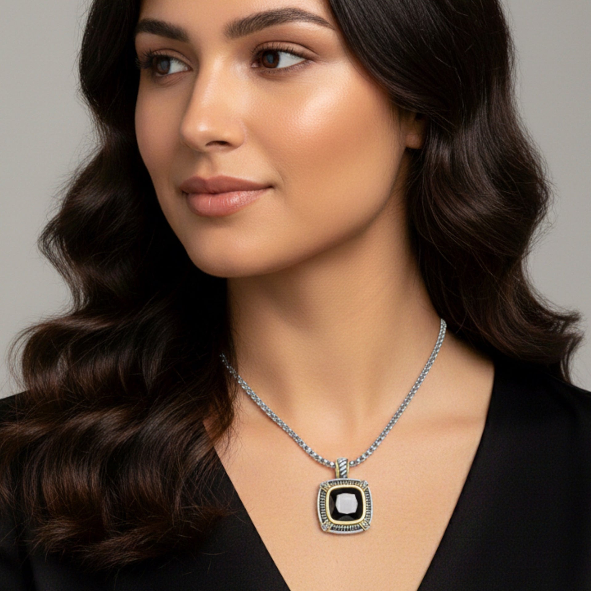 TWO TONE BLACK CRYSTAL SQUARE PENDANT BOX CHAIN NECKLACE #93012EH-JET(FB6)