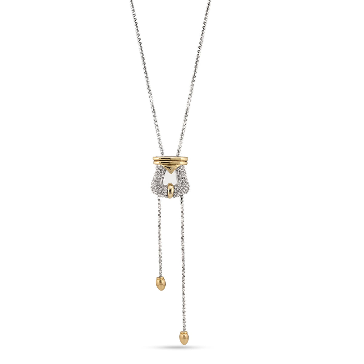 TWO TONE HORSE SHOE PAVE CRYSTAL PENDANT LONG BOX CHAIN TASSEL NECKLACE #93083NK-TTP(FA25)