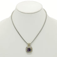 TWO TONE SQUARE AMETHYST CRYSTAL AND RHINESTONES ENGRAVED PENDANT BOX CHAIN NECKLACE  #93099EH-AM (FF15)