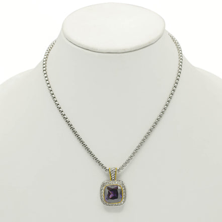 TWO TONE SQUARE AMETHYST CRYSTAL AND RHINESTONES ENGRAVED PENDANT BOX CHAIN NECKLACE  #93099EH-AM (FF15)