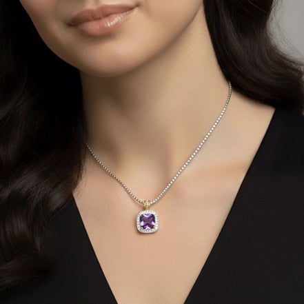 TWO TONE SQUARE AMETHYST CRYSTAL AND RHINESTONES ENGRAVED PENDANT BOX CHAIN NECKLACE  #93099EH-AM (FF15)