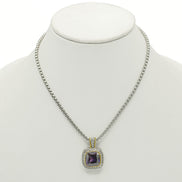 TWO TONE SQUARE AMETHYST CRYSTAL AND RHINESTONES ENGRAVED PENDANT BOX CHAIN NECKLACE  #93099EH-AM (FF15)