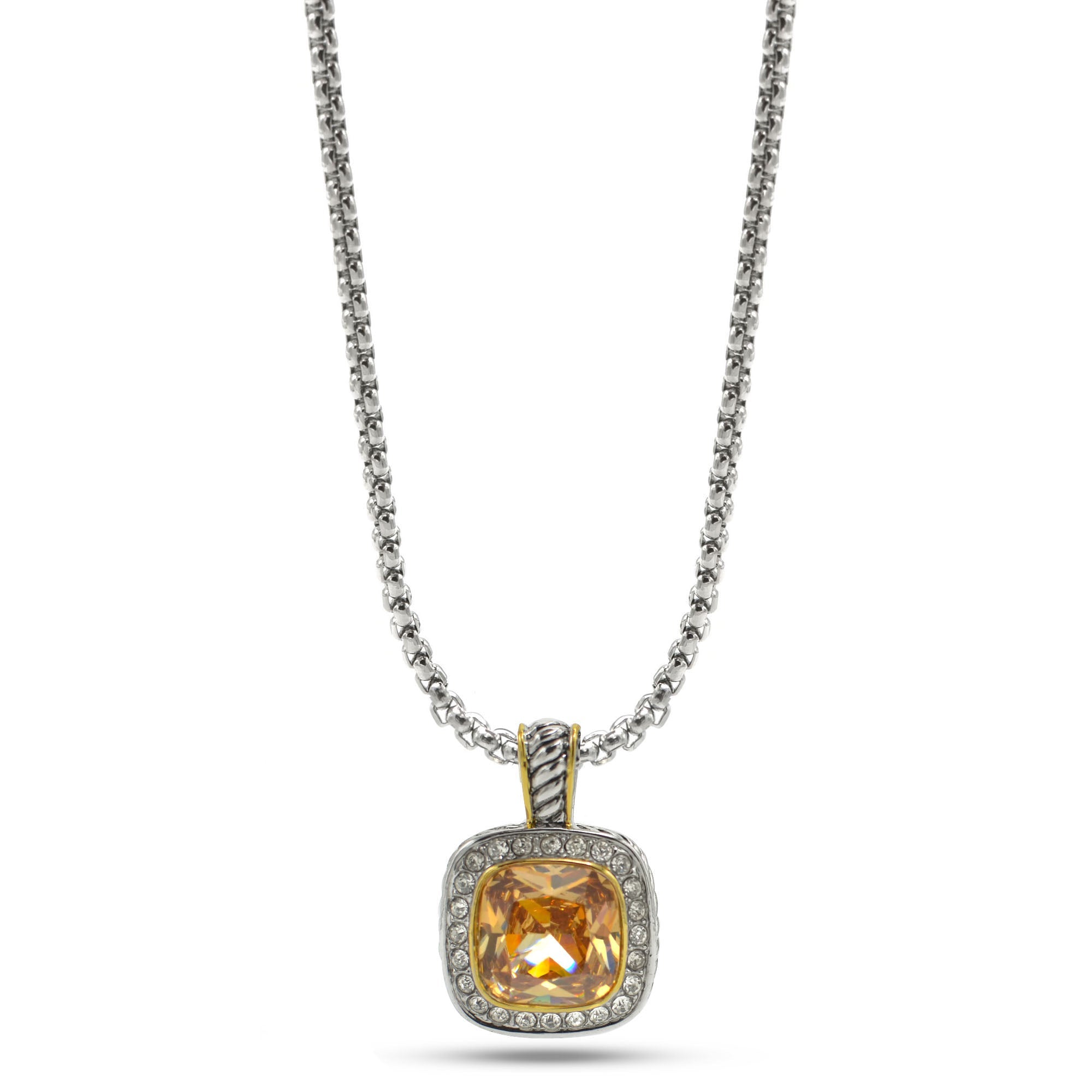 TWO TONE SQUARE CHAMPAGNE CRYSTAL AND RHINESTONES ENGRAVED PENDANT BOX CHAIN NECKLACE#93099EH-CHA(FF16)