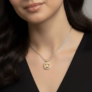 TWO TONE SQUARE CHAMPAGNE CRYSTAL AND RHINESTONES ENGRAVED PENDANT BOX CHAIN NECKLACE#93099EH-CHA(FF16)