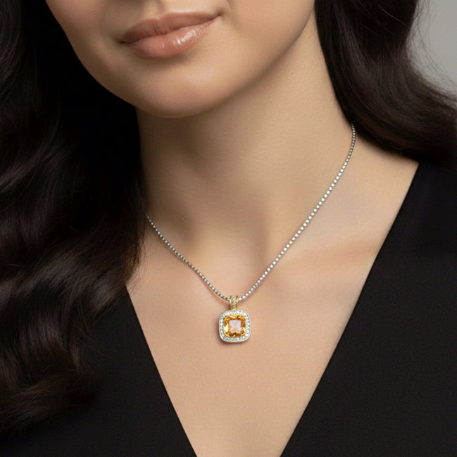 TWO TONE SQUARE CHAMPAGNE CRYSTAL AND RHINESTONES ENGRAVED PENDANT BOX CHAIN NECKLACE#93099EH-CHA(FF16)