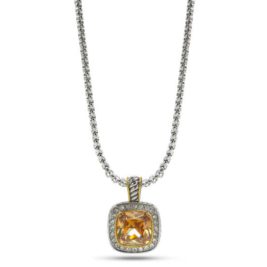 TWO TONE SQUARE CHAMPAGNE CRYSTAL AND RHINESTONES ENGRAVED PENDANT BOX CHAIN NECKLACE#93099EH-CHA(FF16)