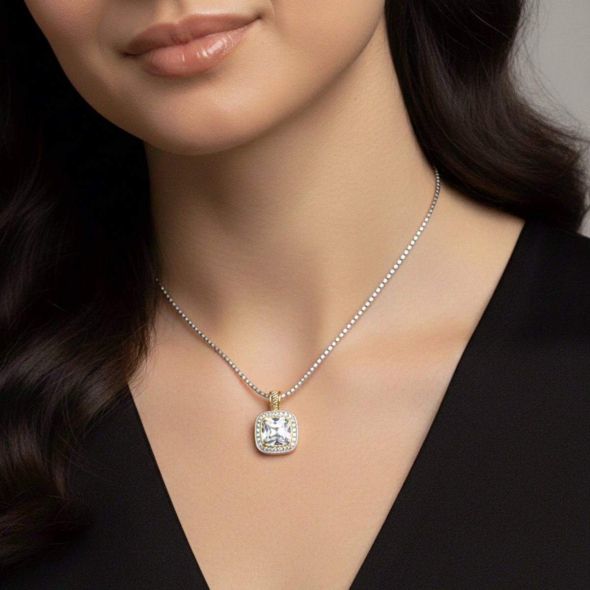 TWO TONE SQUARE CLEAR CRYSTAL AND RHINESTONES ENGRAVED PENDANT BOX CHAIN NECKLACE #93099EH-CLEAR