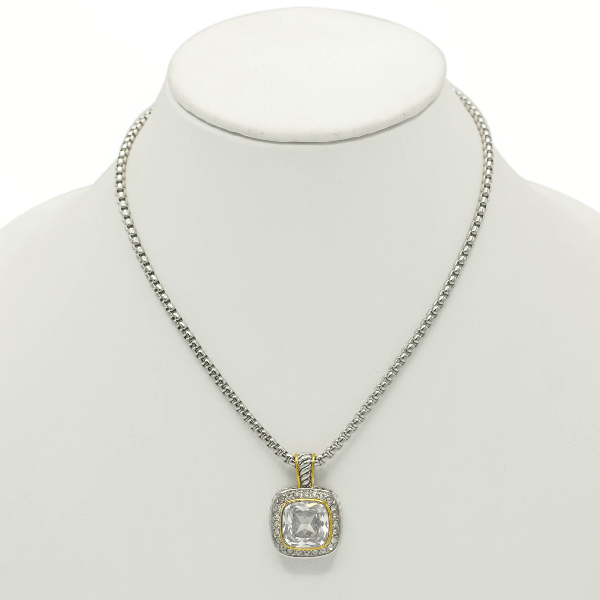 TWO TONE SQUARE CLEAR CRYSTAL AND RHINESTONES ENGRAVED PENDANT BOX CHAIN NECKLACE #93099EH-CLEAR
