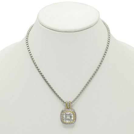 TWO TONE SQUARE CLEAR CRYSTAL AND RHINESTONES ENGRAVED PENDANT BOX CHAIN NECKLACE #93099EH-CLEAR